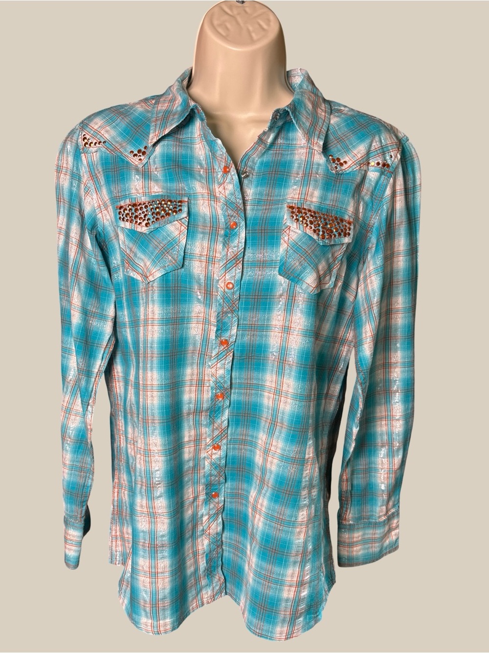 Women’s Turquoise Plaid Button-Up Shirt with Studded Details